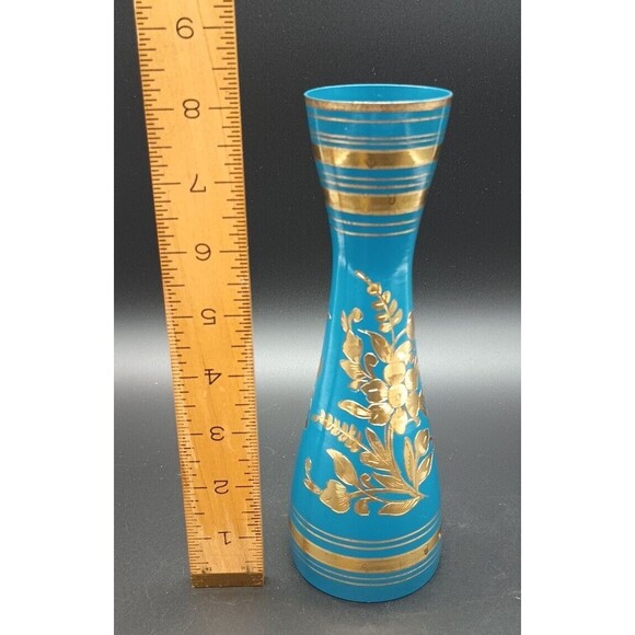 Vintage Blue And Gold Metal Engraved Bud Vase Made In India - Picture 7 of 7